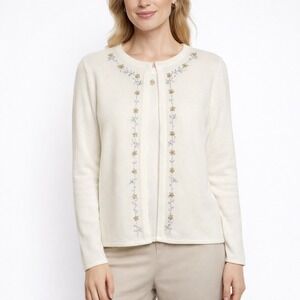 Ambra Womens Cream Floral Embroidered Cardigan and Tank Top Sweater Set Small